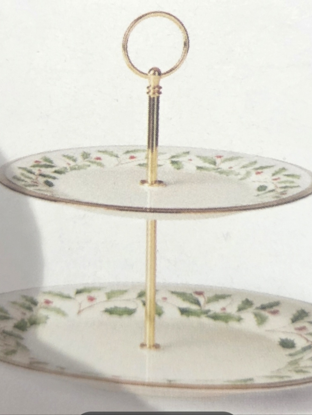 Lennox Two-Tier Holiday Serving Stand in White with Green Holly Accents